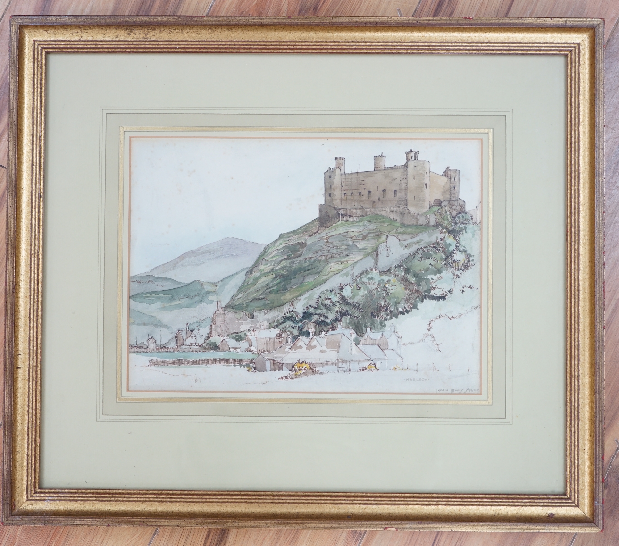 John Lewis Stang (fl. 1931-1955) ink and watercolour, Harlech Castle, signed and inscribed, 20 x 29cm